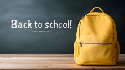 Back to school banner with bright yellow backpack placed in front of a chalkboard background, education and learning concept for students, classroom supplies, and academic season promotions