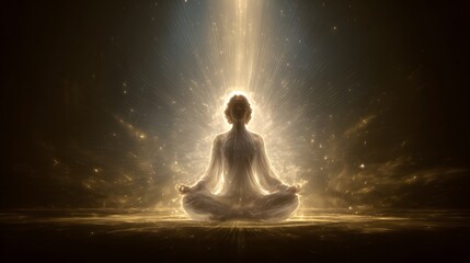 Back view of a woman meditating in an astral plane surrounded by cosmic light and energy, spiritual enlightenment concept, mindfulness and inner peace in a surreal universe scene