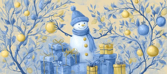 Minimalist blue and yellow pastel snowman with scarf and gift boxes on soft background, cozy winter holiday composition, cute Christmas decoration concept in gentle tones and simple festive style