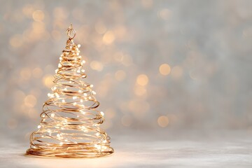 Abstract glowing Christmas tree made of golden lights on white background, minimalist holiday concept with luminous bokeh effect and elegant festive illumination for winter celebration