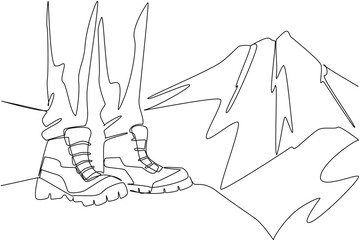 Single one line drawing feet wear hiking shoes stands on cliff with mountain background. The peak of the mountain is getting closer. National Trails Day. Continuous line design graphic illustration