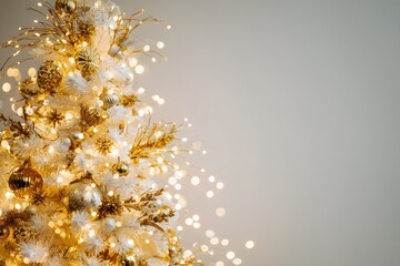 Abstract glowing Christmas tree made of golden lights on white background, minimalist holiday concept with luminous bokeh effect and elegant festive illumination for winter celebration
