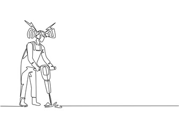 Single one line drawing male road repair worker wears PPE and headphones while holds road demolition tool. Work procedures. National Save Your Hearing Day. Continuous line design graphic illustration