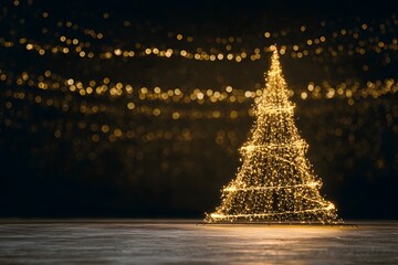 Abstract glowing Christmas tree made of golden lights on black background, minimalist holiday concept with luminous bokeh effect and elegant festive illumination for winter celebration