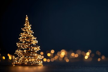 Abstract glowing Christmas tree made of golden lights on black background, minimalist holiday concept with luminous bokeh effect and elegant festive illumination for winter celebration