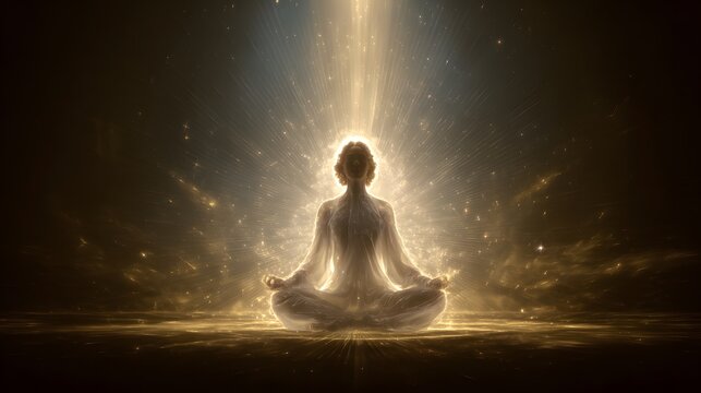 Back view of a woman meditating in an astral plane surrounded by cosmic light and energy, spiritual enlightenment concept, mindfulness and inner peace in a surreal universe scene