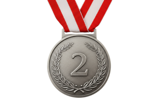 Isolated Silver Second Place Medal With Red and White Ribbon on a Clean Backdrop - Powered by Adobe