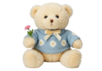 Isolated teddy bear with sweater holding a pink flower cute love gift toy stuffed animal