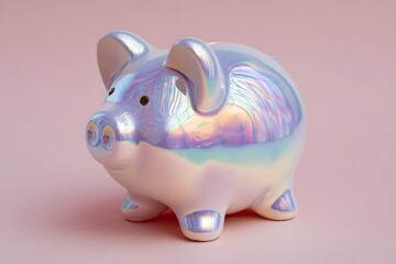 Iridescent holographic piggy bank 3D render with soft pastel reflections, modern aesthetic savings concept, futuristic finance and money symbol on minimalist background with copy space