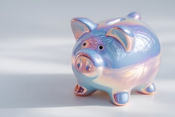 Iridescent holographic piggy bank 3D render with soft pastel reflections, modern aesthetic savings concept, futuristic finance and money symbol on minimalist background with copy space