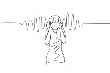 Single continuous line drawing a young woman in casual clothes holds ears with both hands and sound wave effects. Dizzy with noise. National Save Your Hearing Day. One line design vector illustration