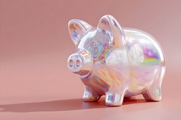 Iridescent holographic piggy bank 3D render with soft pastel reflections, modern aesthetic savings concept, futuristic finance and money symbol on minimalist background with copy space