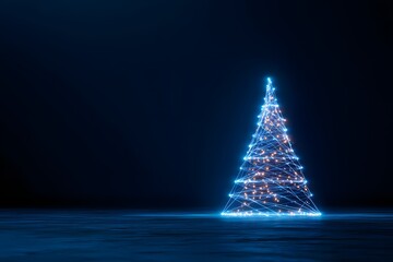 Abstract glowing Christmas tree made of golden lights on black background, minimalist holiday concept with luminous bokeh effect and elegant festive illumination for winter celebration
