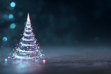 Abstract glowing Christmas tree made of golden lights on black background, minimalist holiday concept with luminous bokeh effect and elegant festive illumination for winter celebration
