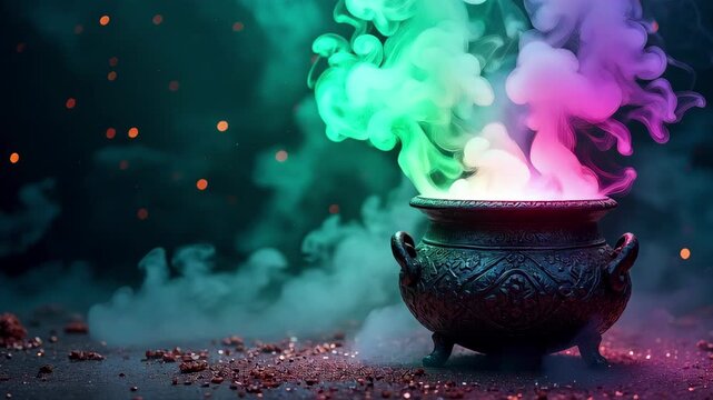 Brewing mystical halloween potion inside magic cauldron with colorful smoke for spooky witchcraft celebration
