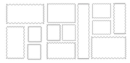 Zig zag Wavy Edge Outline Circle Shapes Set. Zig zag round frames. Set of Outline jagged rectangle shape. Rectangle shape frame with zigzag edge. Black underlines wavy curve zig zag line pattern.