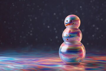 3D render of an aesthetic white holographic snowman with iridescent reflections and soft glow, minimalist winter holiday background with copy space for festive or creative design
