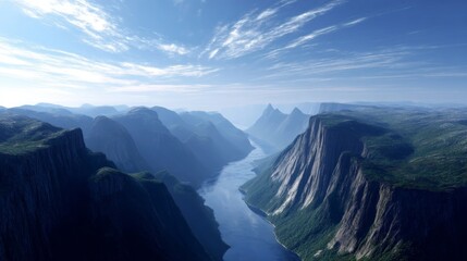 Majestic mountains stretch across a stunning landscape. A serene river flows through the valleys below. Bright blue skies create a peaceful atmosphere. Nature at its finest. AI