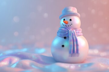 3D render of an aesthetic white holographic snowman with iridescent reflections and soft glow, minimalist winter holiday background with copy space for festive or creative design