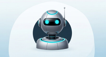 Cute robot isolated on white background, featuring a friendly design with glowing blue eyes and antenna, representing artificial intelligence and automation
