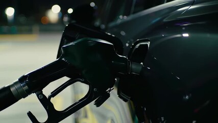 Filling up the car at a gas station with a fuel nozzle inserted into the vehicle's gas tank at night - Powered by Adobe