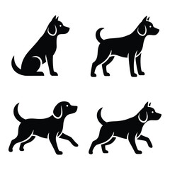 Four silhouette dog poses sitting standing walking running icon set for pet lovers and animal graphics collection silhouette