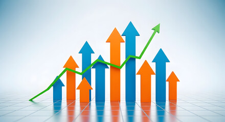 Dynamic business growth chart with upward arrows and trend line symbolizing success and financial progress