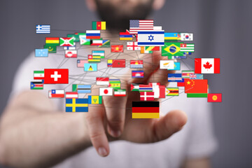 Digital illustration of interconnected global flags, symbolizing international relations, and representing worldwide communication and cooperati