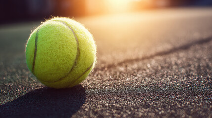 Hopeful close up of yellow tennis ball on court. warm sunlight creates long shadow on background, perfect for sport banner