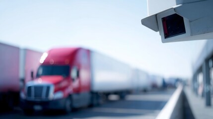 A busy transport scene with a focus on logistics. This image captures trucks lined up for loading. It shows a blend of industry and technology. Perfect for business use. AI