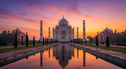 Majestic White Marble Taj Mahal at Sunset with Reflective Pool and Symmetrical Gardens