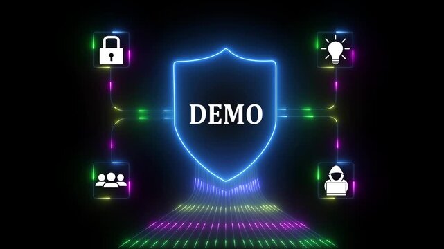 glowing neon Business Product Demo and Technology Showcase Background Futuristic Neon Shield with Demo Presentation Concept Innovation, Marketing, and Software Demonstration Design