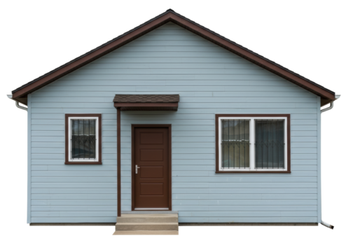 Isolated small prefab home with brown trim and light-blue siding, front view, no person present