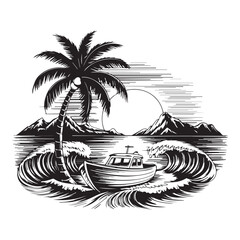 palm trees on the beach engraving outline vector art illustration design, palm tree silhouette, hand drawn beach drawing, line art palm tree, sea, beach, summer view, vintage palm tree on sea beach.	
