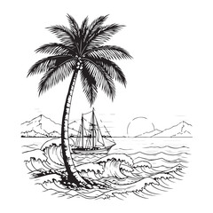 palm trees on the beach engraving outline vector art illustration design, palm tree silhouette, hand drawn beach drawing, line art palm tree, sea, beach, summer view, vintage palm tree on sea beach.	
