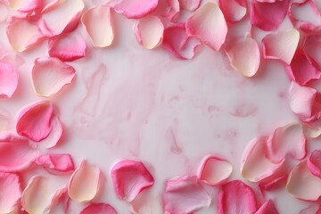 Fototapeta premium Delicate rose petals floating on smooth white milk surface with soft lighting and copy space, romantic minimalist spa and beauty background for natural wellness and cosmetic design concepts