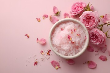 Pink rose body scrub on a pink background, natural skincare product made from roses, exfoliating and refreshing, beauty and self-care concept with copy space for text