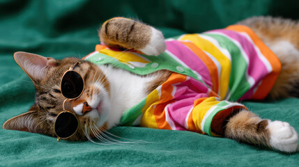 Funny, cool cat relaxing stylish sunglasses and vibrant, colorful clothes. This joyful pet has humorous, laid back attitude green background