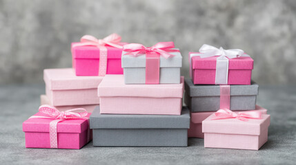 Celebratory heap of wrapped pink and grey gift box present with lovely ribbon and bow for happy holiday celebration or surprise party