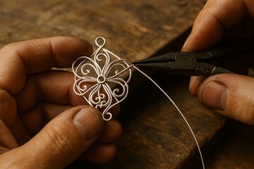 Close-Up of Jeweler Making Handmade Silver Wire Filigree Ornament