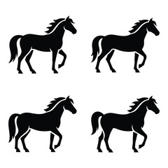 Four dynamic silhouette horses galloping powerful majestic equine animals in motion set of wild creature representations silhouette © JASMIN