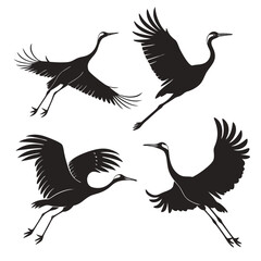 set of silhouettes of crane birds