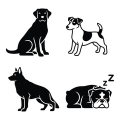 Four distinct dog silhouettes featuring a labrador german shepherd jack russell and sleeping bulldog perfect for design projects silhouette