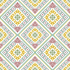 Traditional Thai pattern vector in red, yellow, and green on white background, seamless decorative motif for fabric, textile, wallpaper, wrapping.