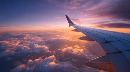 Airplane wing view from passenger window during vibrant sunset. Golden light illuminates dramatic clouds, creating a beautiful sky with purple, orange, and pink hues high above the earth.