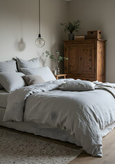 A serene rustic bedroom with grey linen bedding and a vintage wooden cabinet