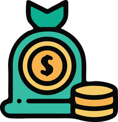 A Bag of Money and a Stack of Coins Representing Wealth and Financial Success in a Flat Vector Design