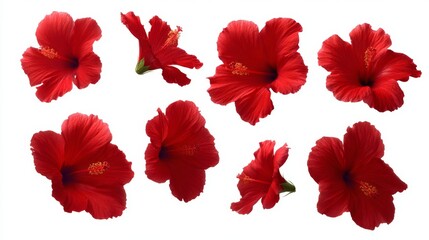 Beautiful red hibiscus flowers arranged in various styles. These stunning blooms showcase vibrant colors and intricate details. Perfect for designs, art, or floral themes. AI