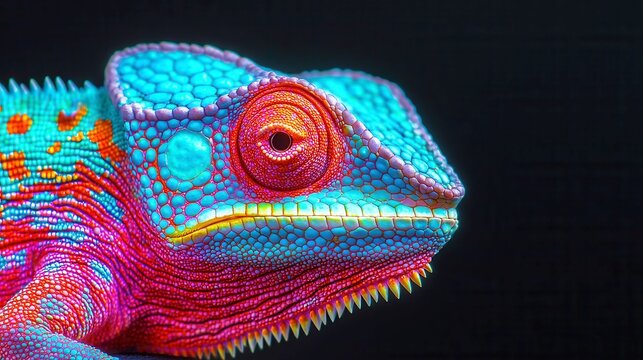Vibrant chameleon with striking blue and red colors, showcasing intricate patterns, ideal for nature themes and wildlife illustration.
