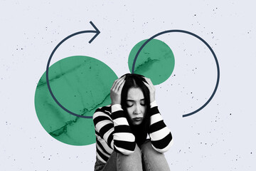 3d banner zine art pop trend collage of puzzled businesswoman sit arrow regress statistics problem economy loss collapse